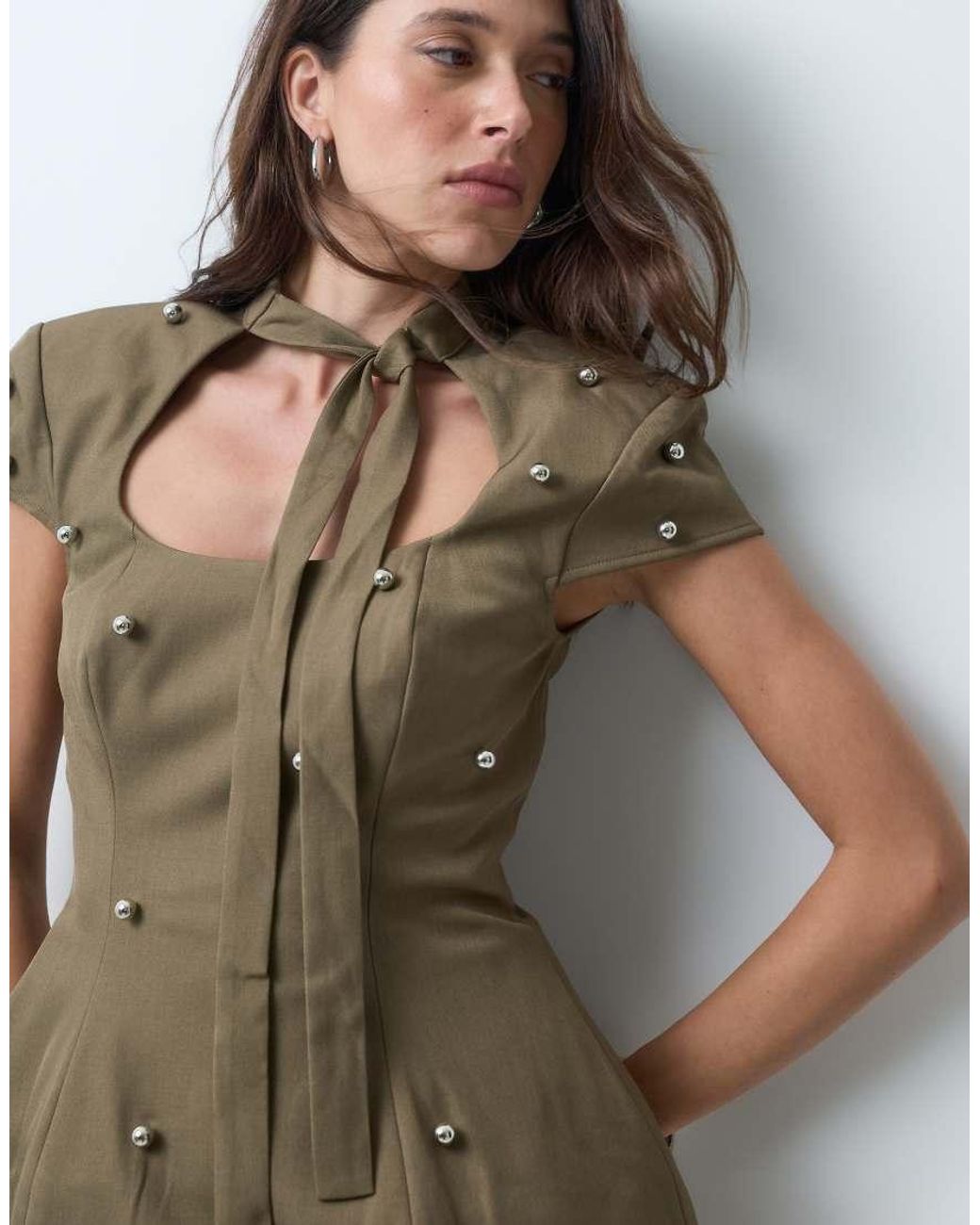 ASOS Green Structured Tie Neck Mini Dress With Stud Detail