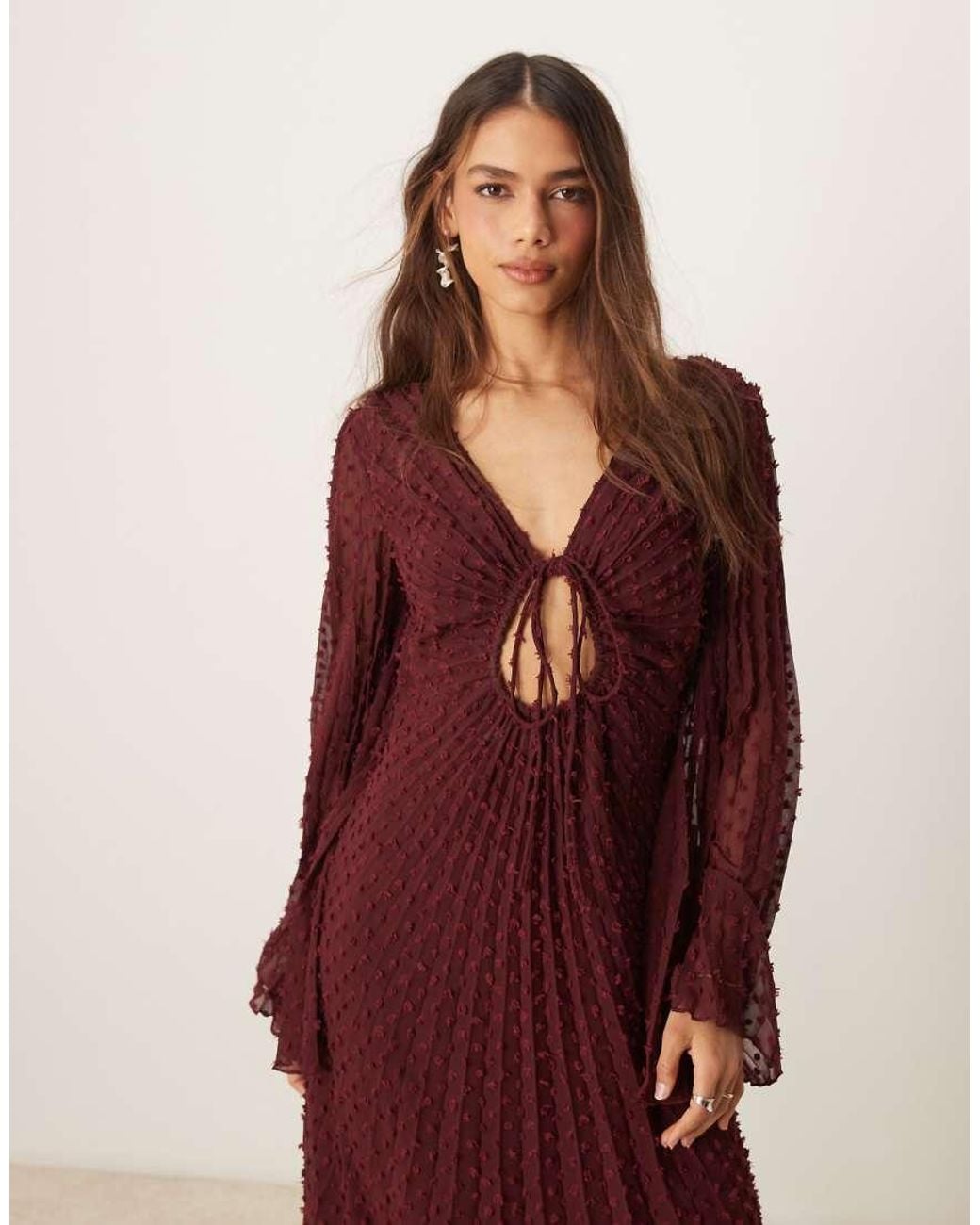 ASOS Red Dobby Pleated Midi Dress With Tie Front