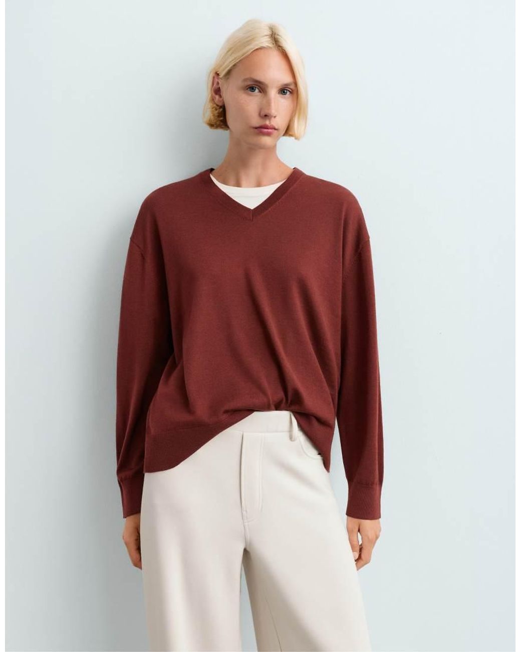 Oysho White 100% Wool V-Neck Knit Jumper
