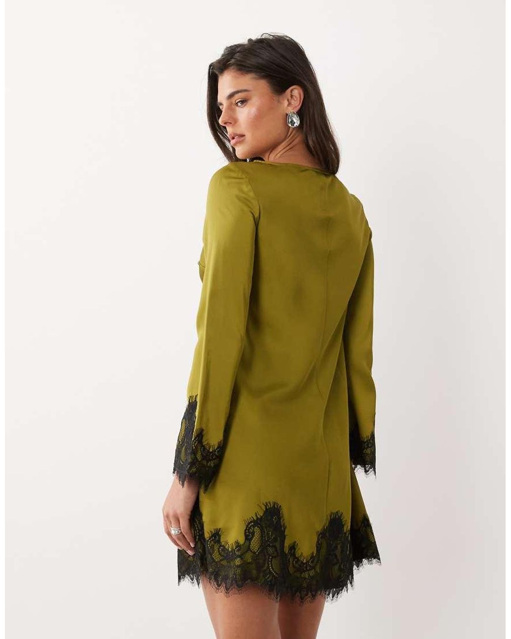 Nobody's Child Green Kamari Satin Boat Neck Lace Trim Mini Dress