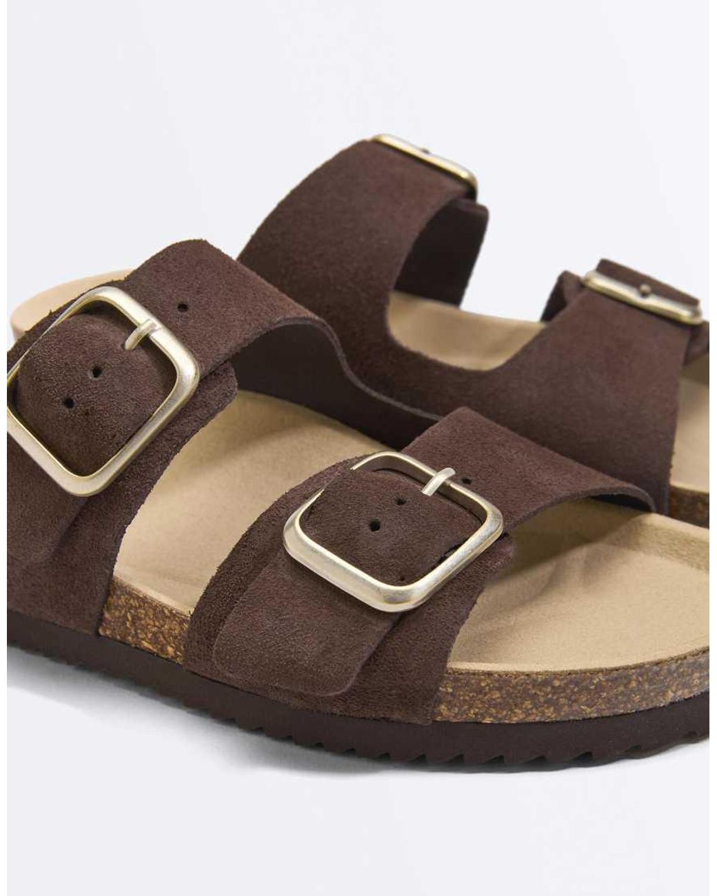 Oysho Brown Buckle Split-Leather Slides