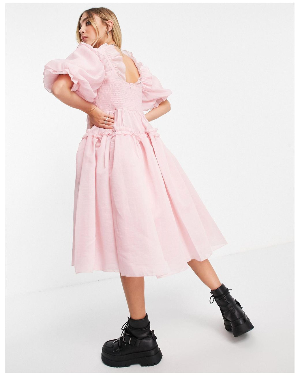 hot pink organza puff sleeve smock dress
