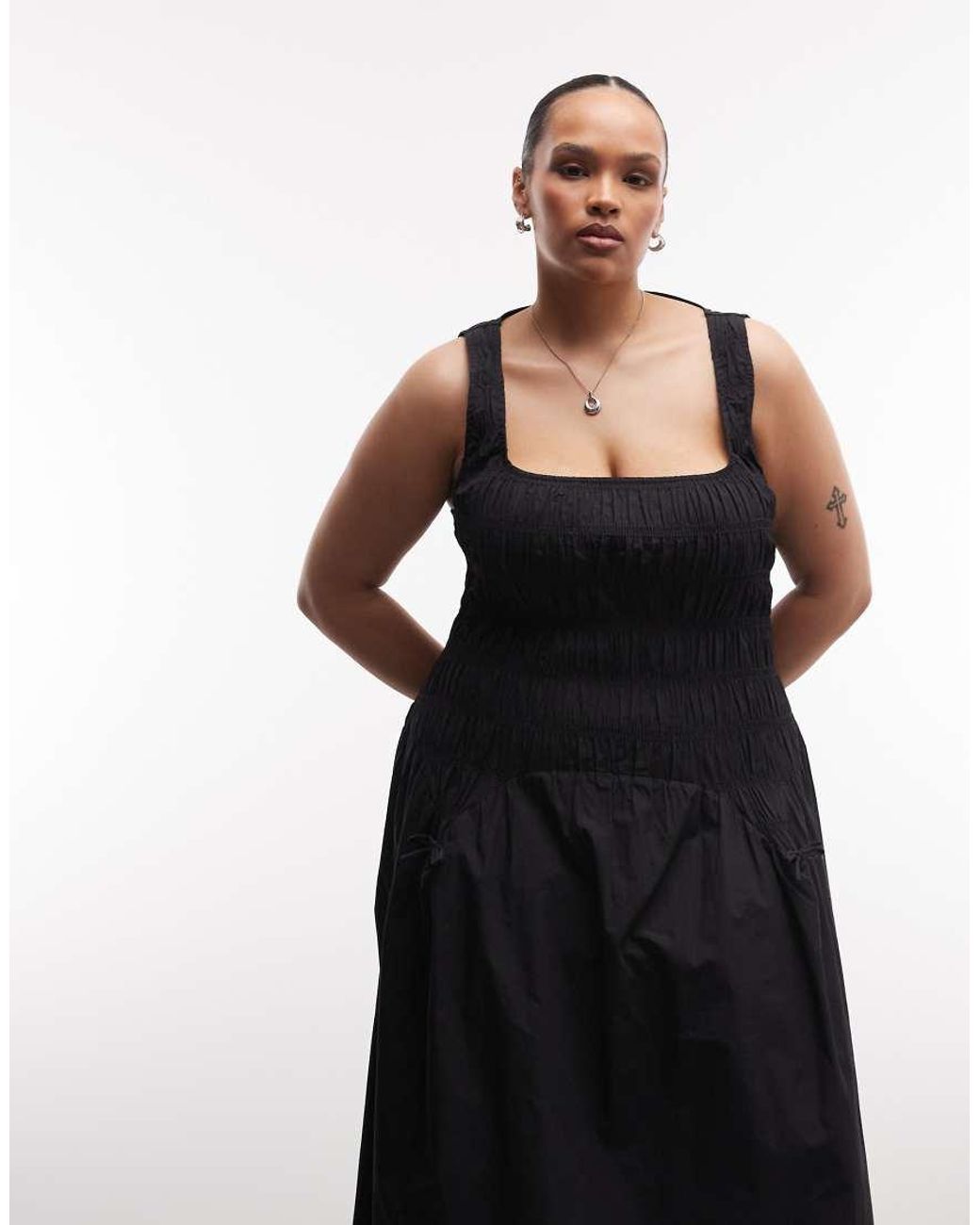 Collusion Black Plus Square Neck Shirred Midi Dress