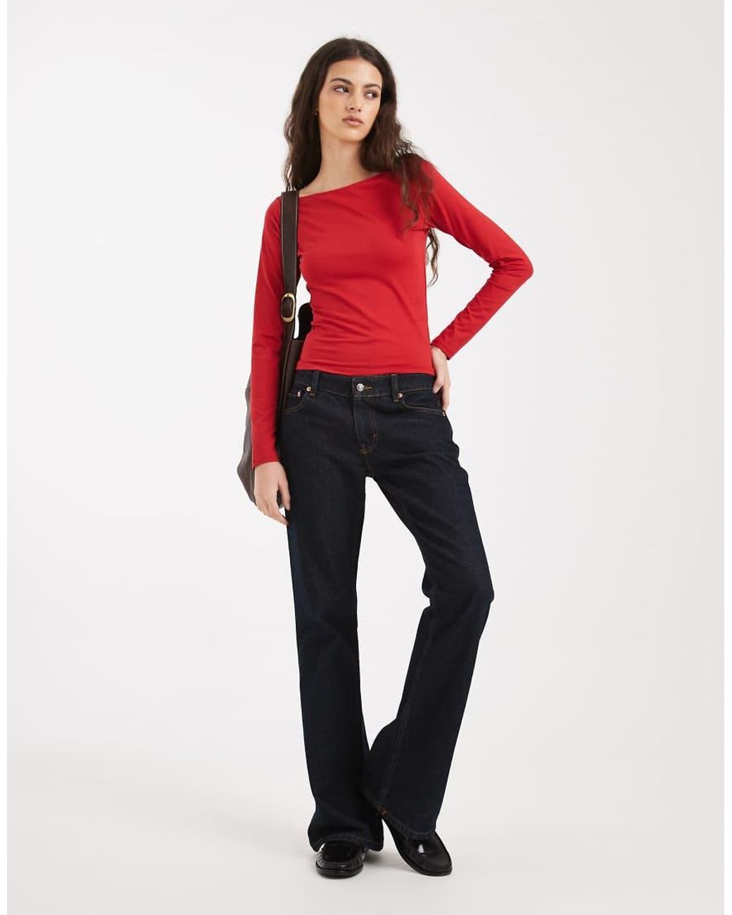 Hollister Red Long Sleeve Slash Neck Seamless Top
