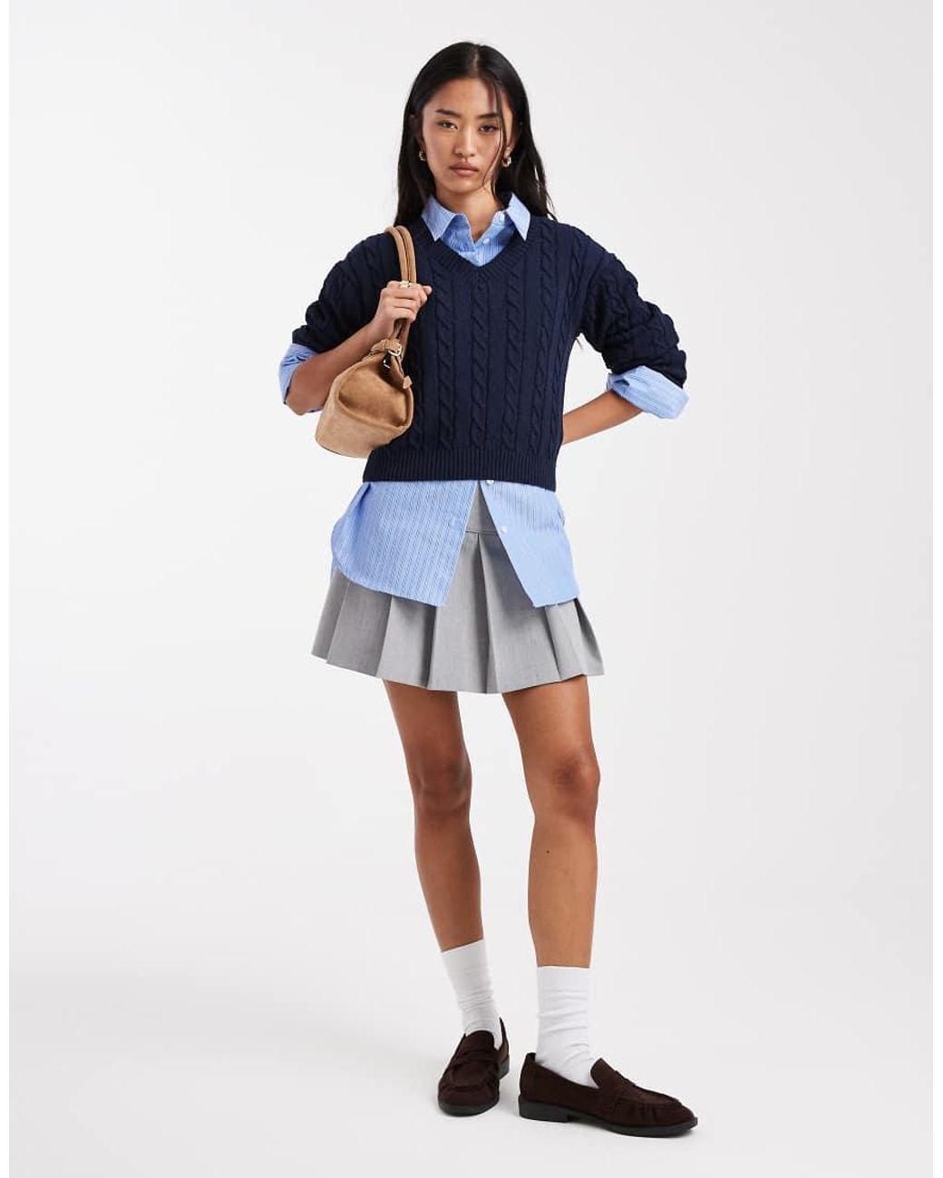 Cotton On Blue V Neck Cotton Cropped Cable Knit Pullover Sweater