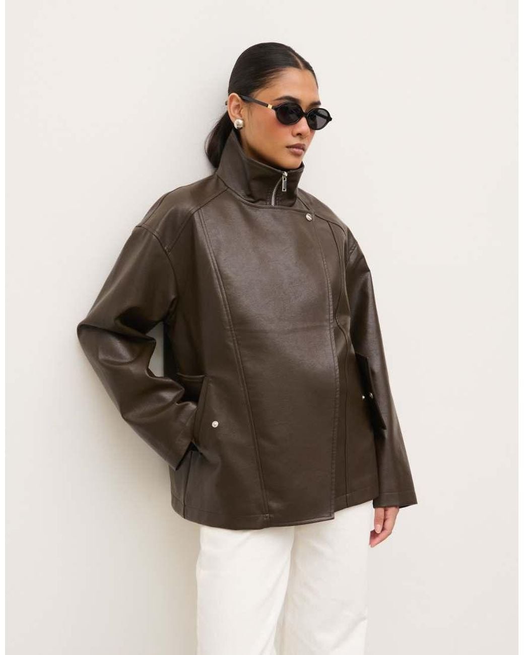 Pretty Lavish Brown Faux Leather Funnel Neck Bomber Jacket