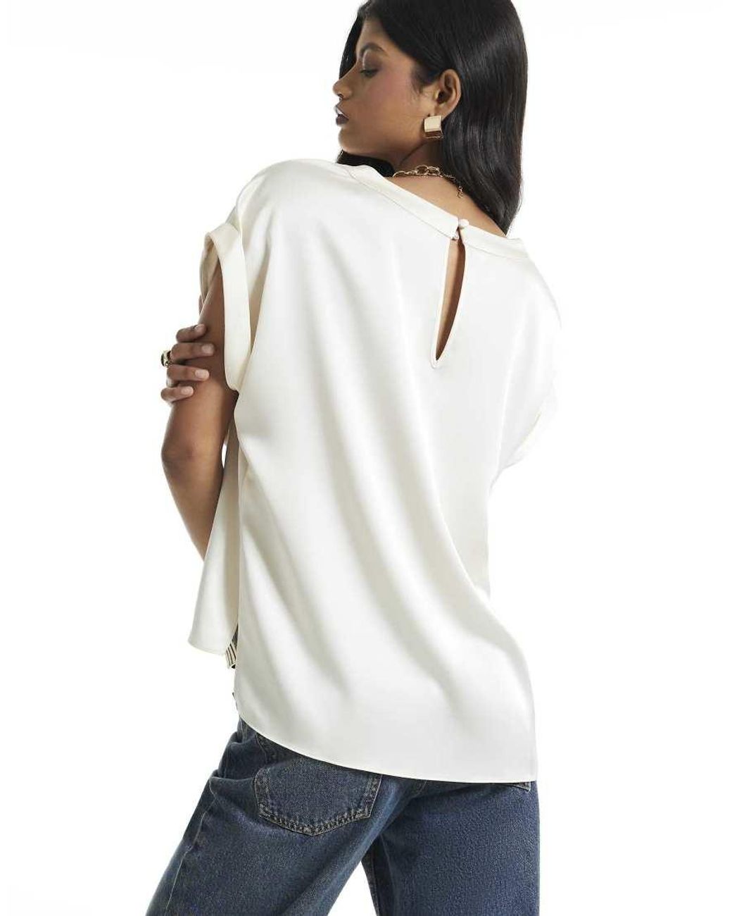 River Island Blue Satin Turn Back Cuff Blouse