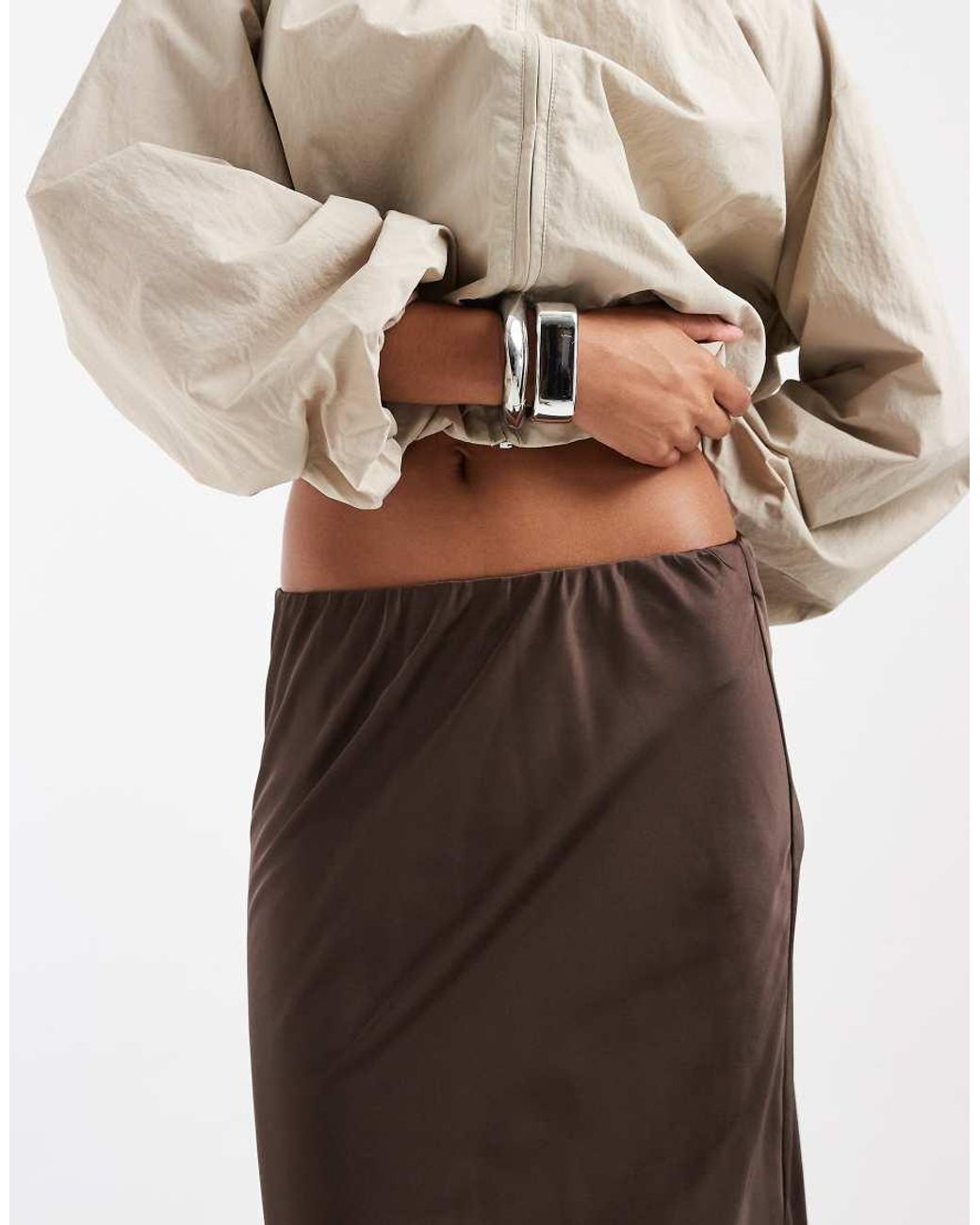 Pieces Natural Satin Knee Length Skirt With Lace Trim