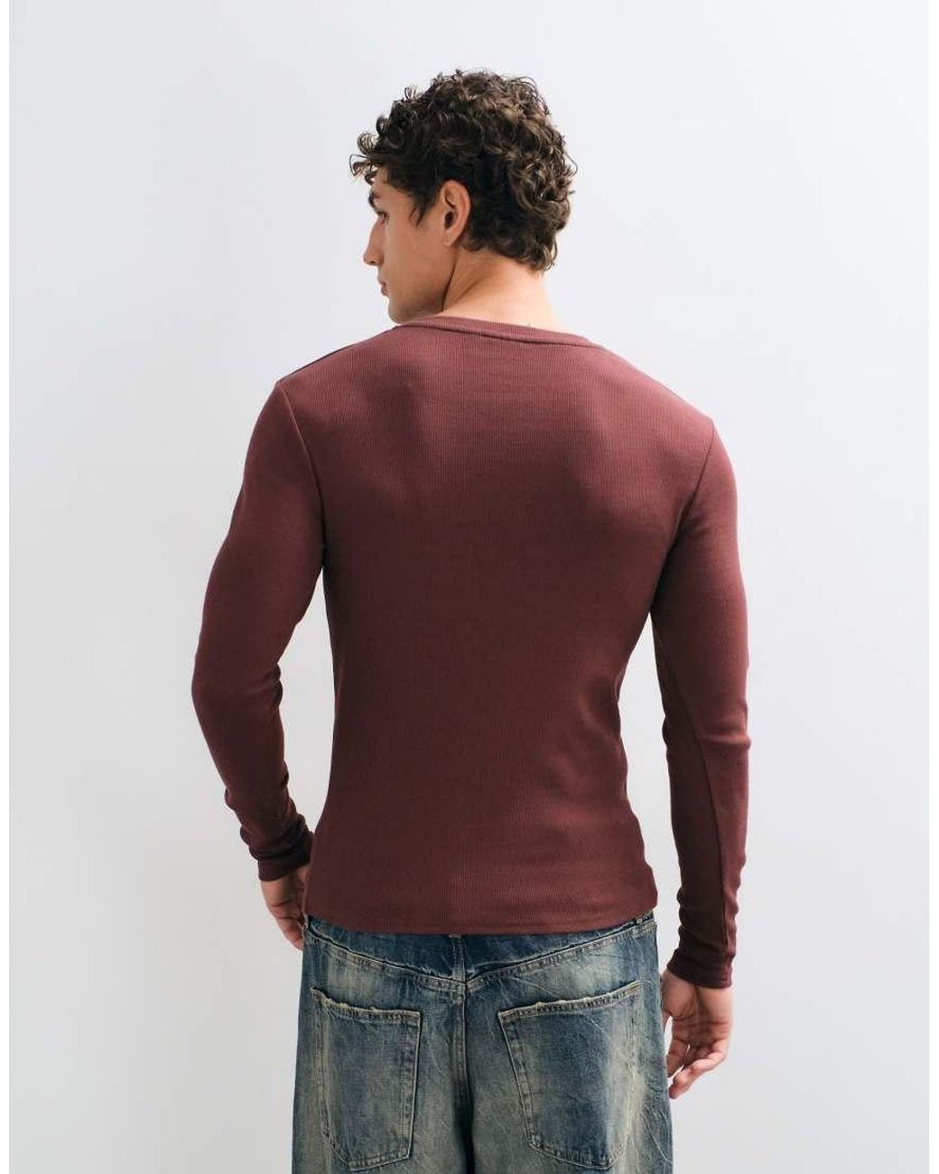 ASOS Red Muscle Fit Notch Neck Long Sleeve Top With 1991 Varsity Print for men