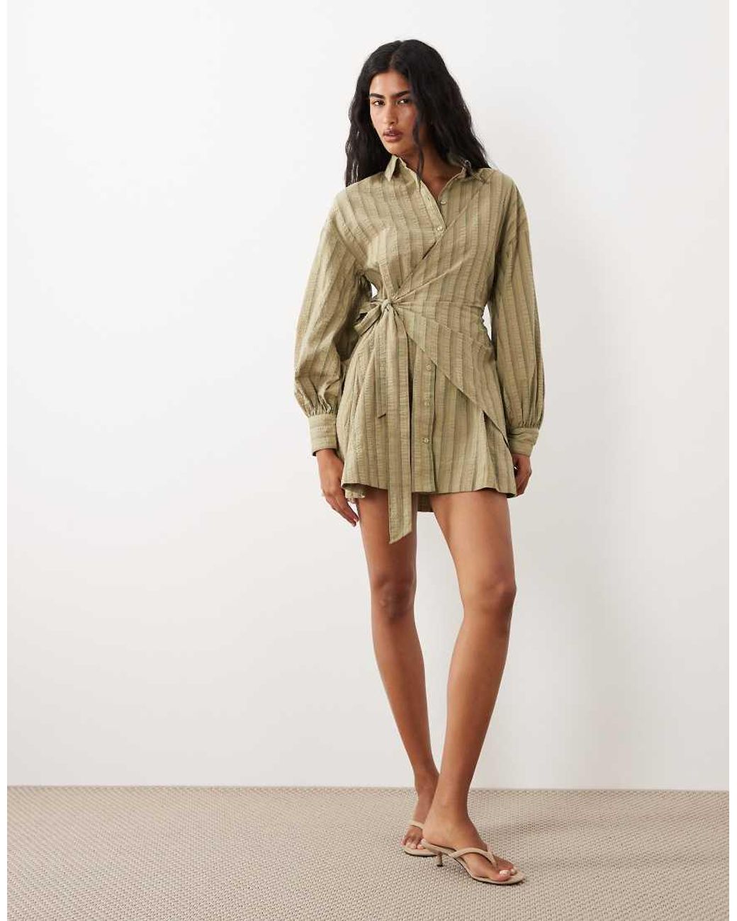 ASOS Green Long Sleeve Blouson Tie Waist Mini Shirt Dress