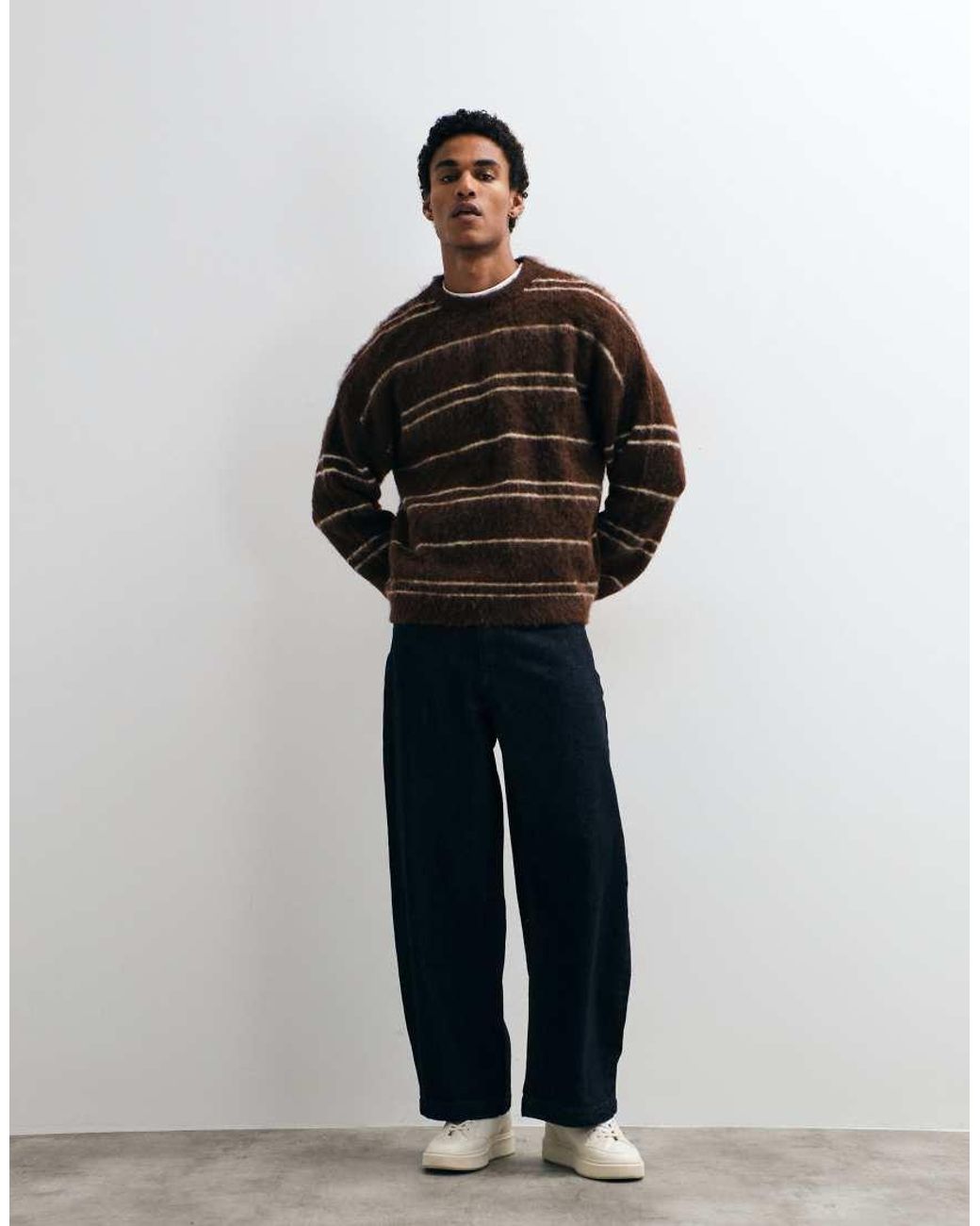 ASOS Black Oversized Knitted Brushed Stripe Sweater for men