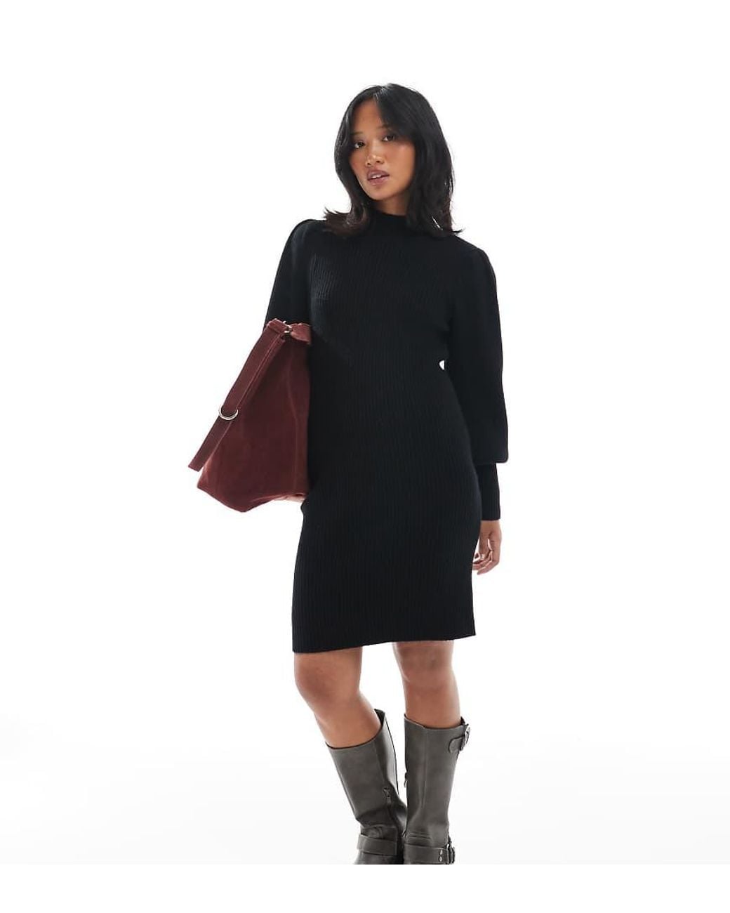 Only Petite Black High Neck Puff Sleeve Mini Jumper Dress