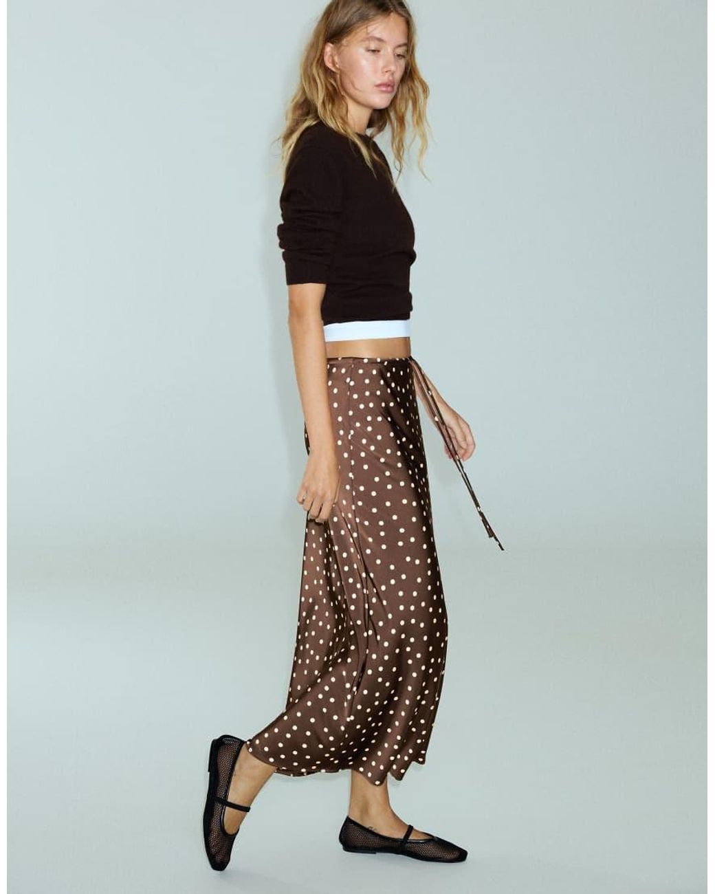Pull&Bear Natural Satin Drawstring Midi Skirt