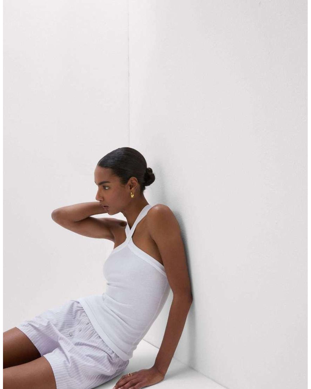 Intimissimi White Ribbed Superior Cotton Crossover Cami