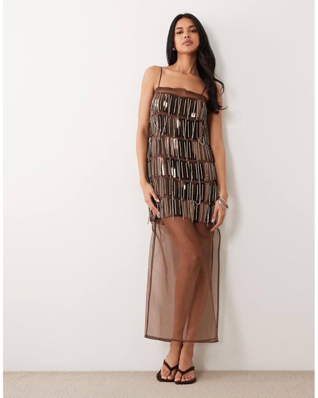 ASOS Brown Cami Embellished Sheer Mix Column Maxi Dress