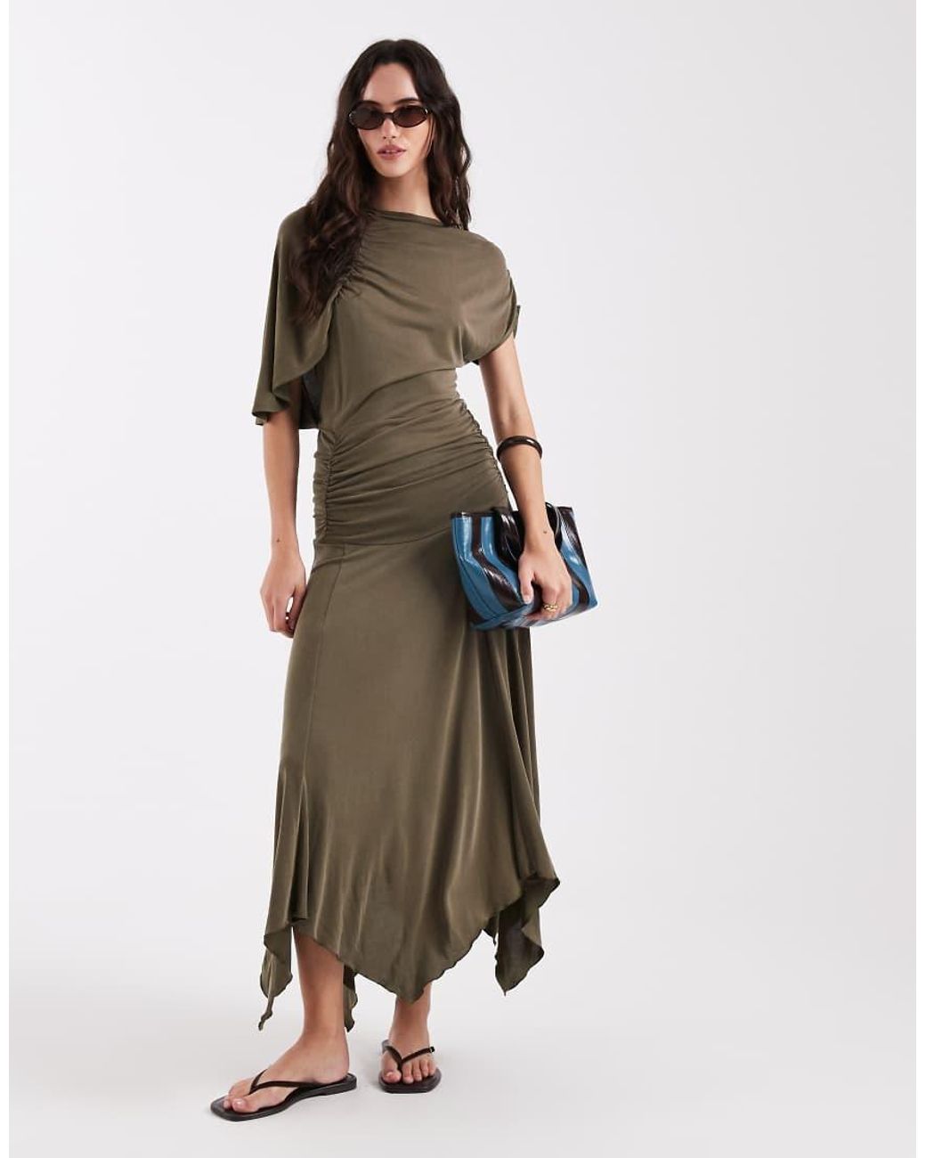 laagam Izola Asymmetric Jersey Draped Maxi Dress in Green