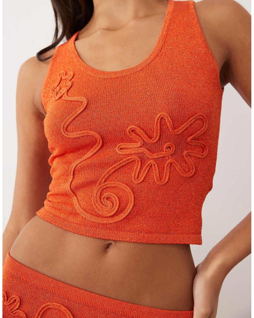 Wanderdoll Orange Eliza Metallic Knit Abstract Detail Scoop Neck Top Co-Ord
