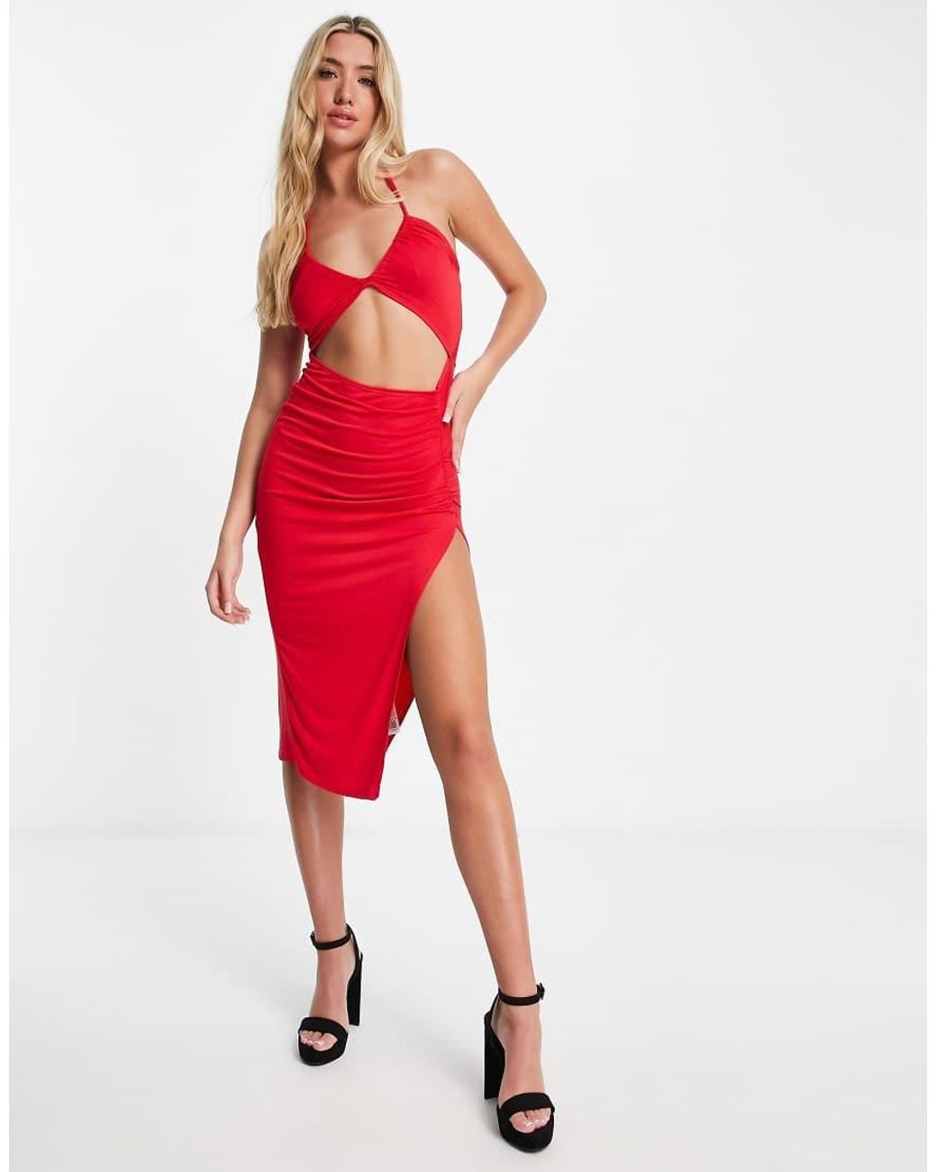 ASOS Red Cut Out Strappy Halter Midi Dress With Side Split