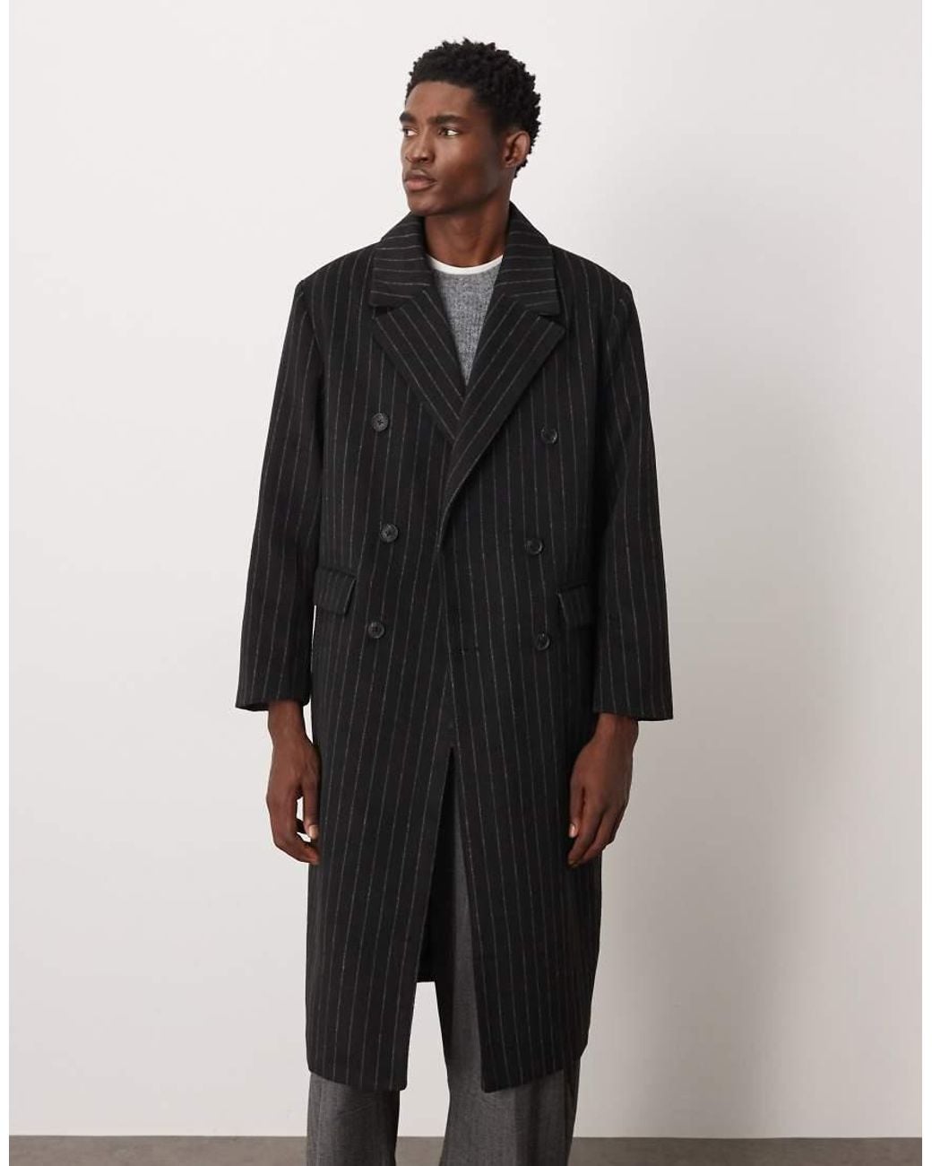 ASOS Black Pinstripe Wool Look Oversized Longline Coat for men