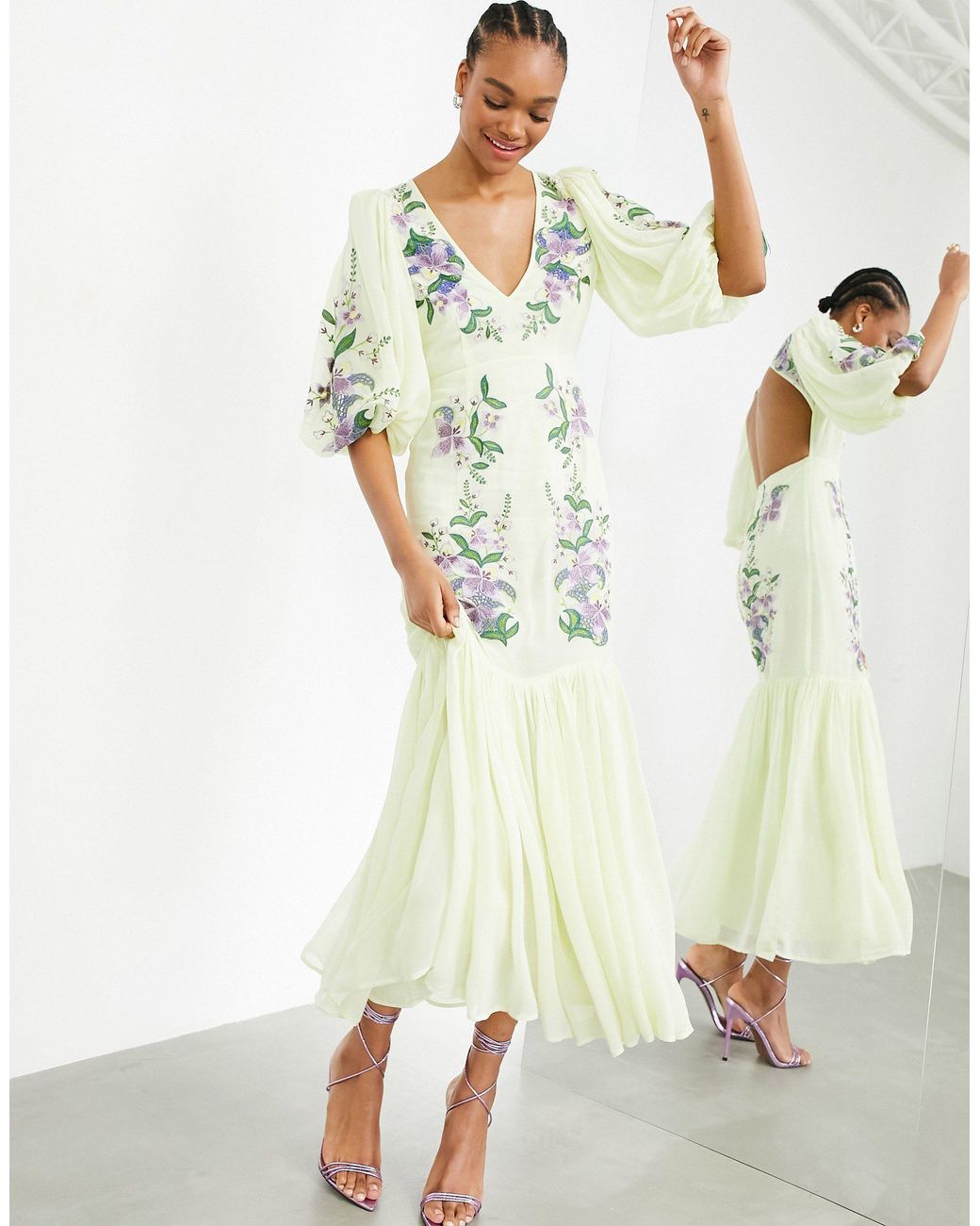 ASOS Floral Embroidered Tiered Maxi Dress in Yellow Lyst