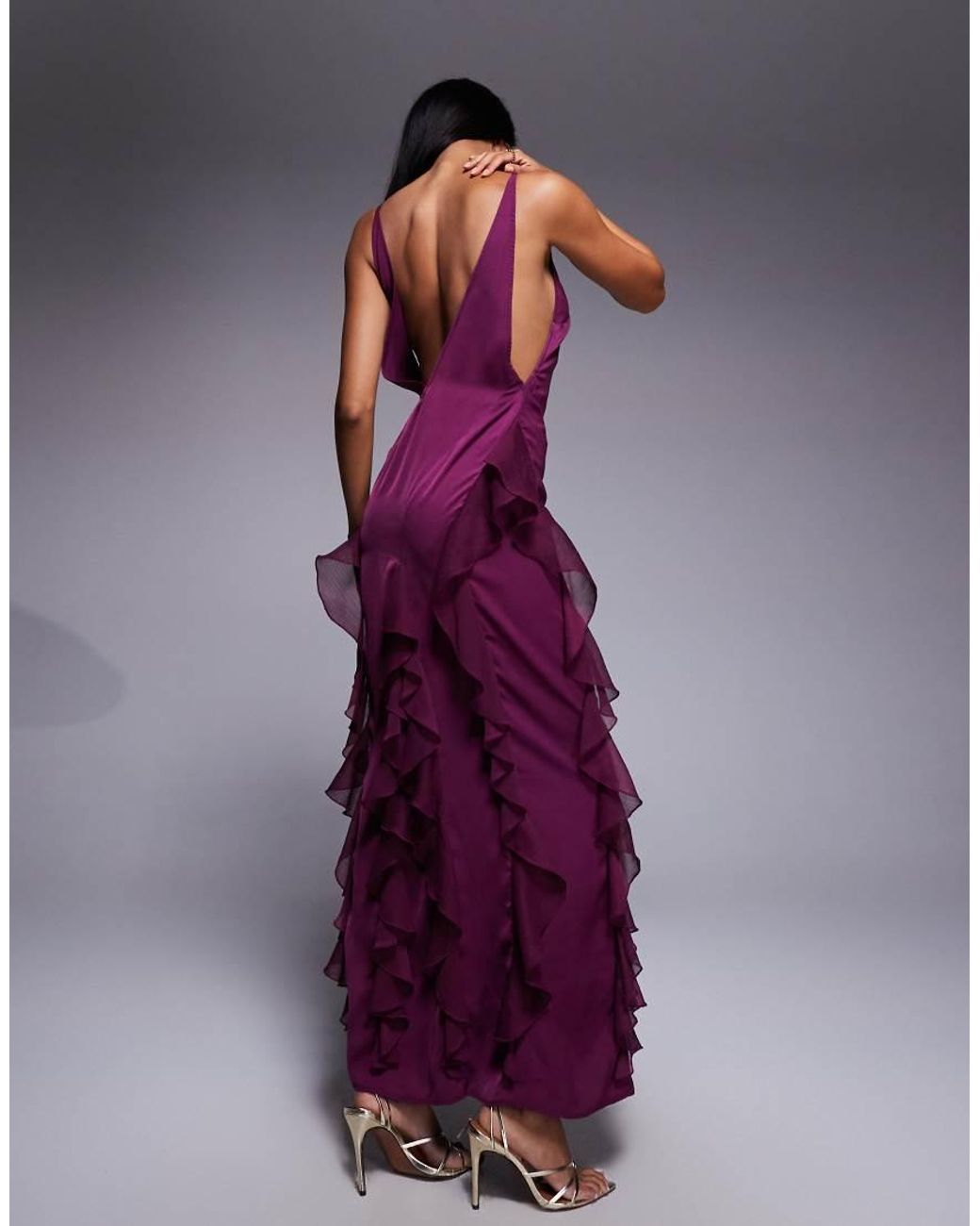 princess polly baby blue dress ASOS High Neck Satin Low Back Maxi Dress With Chiffon Mix Ruffles in Purple