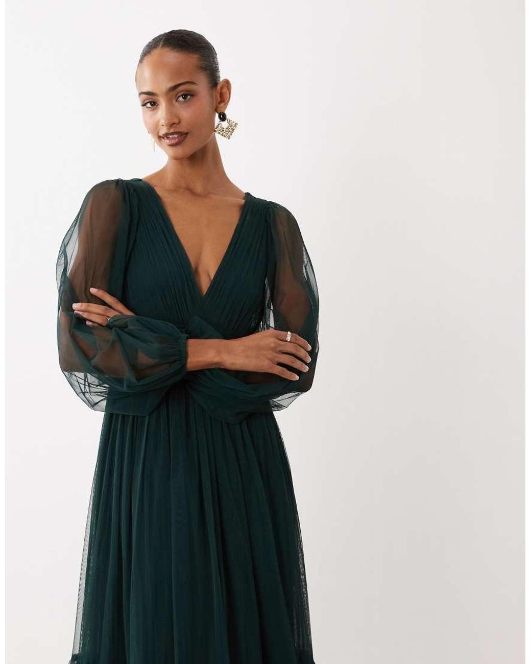 LACE & BEADS Multicolor Bridesmaid Tulle Sheer Sleeve Plunge Neck Tiered Maxi Dress