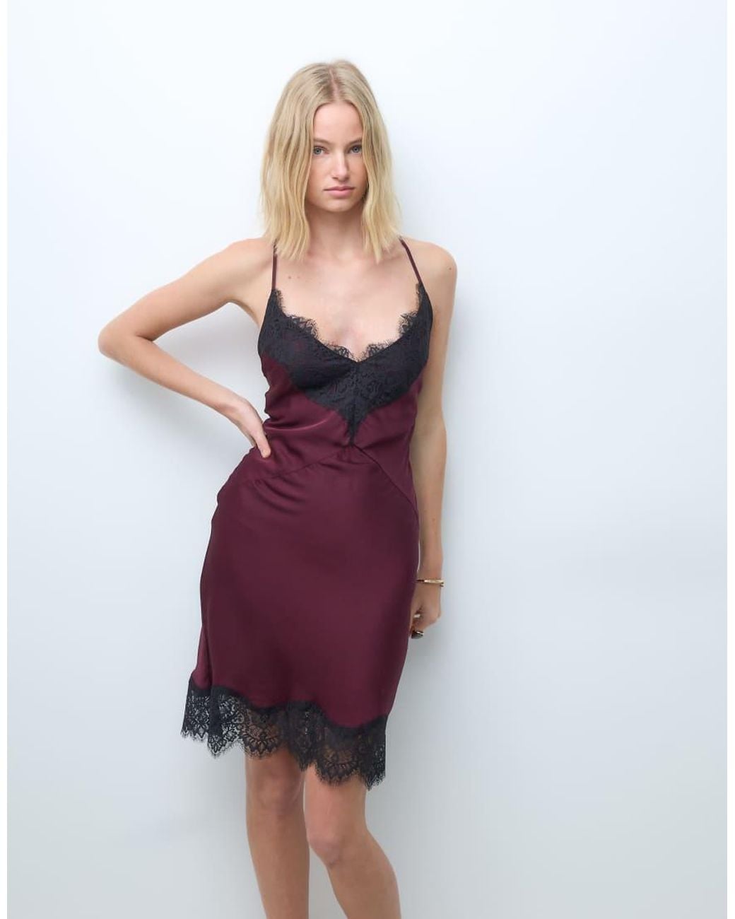 & Other Stories Purple Lace Trim Satin Mini Dress