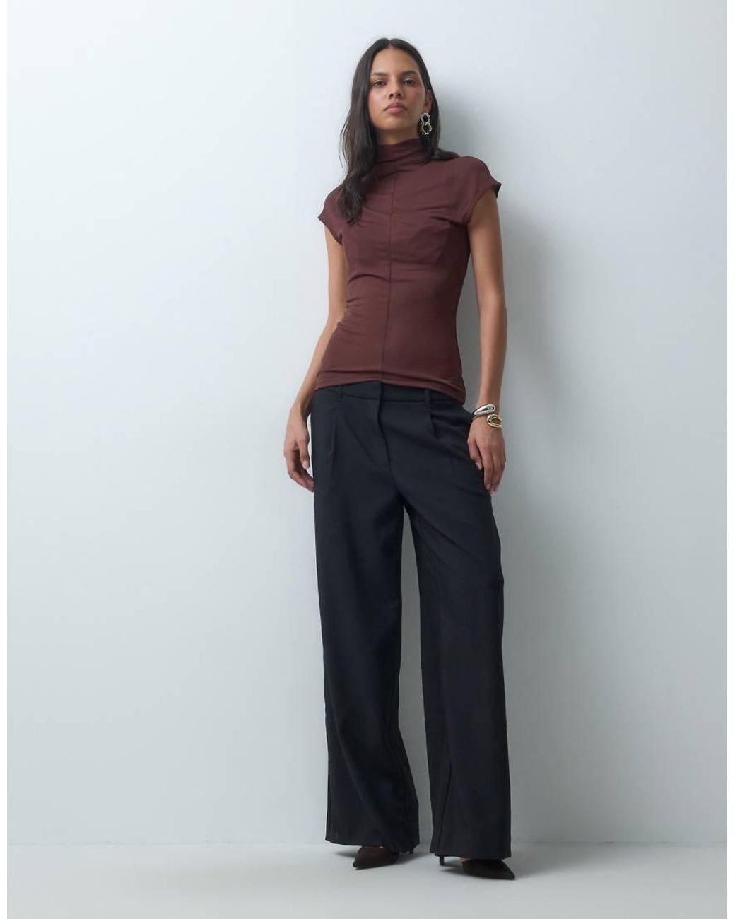 ASOS Brown Sheer High Neck Short Sleeve Top With Seam Detail