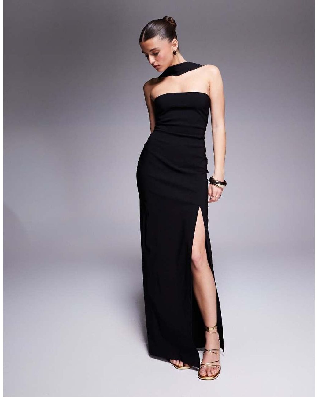 Vesper Blue Bengaline Choker Neck Detail Bandeau Side Split Maxi Dress