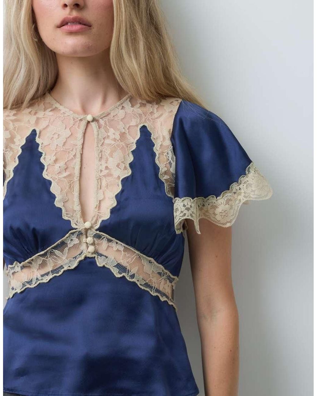 Reclaimed Vintage Blue Satin Tea Top With Contrast Lace Trim