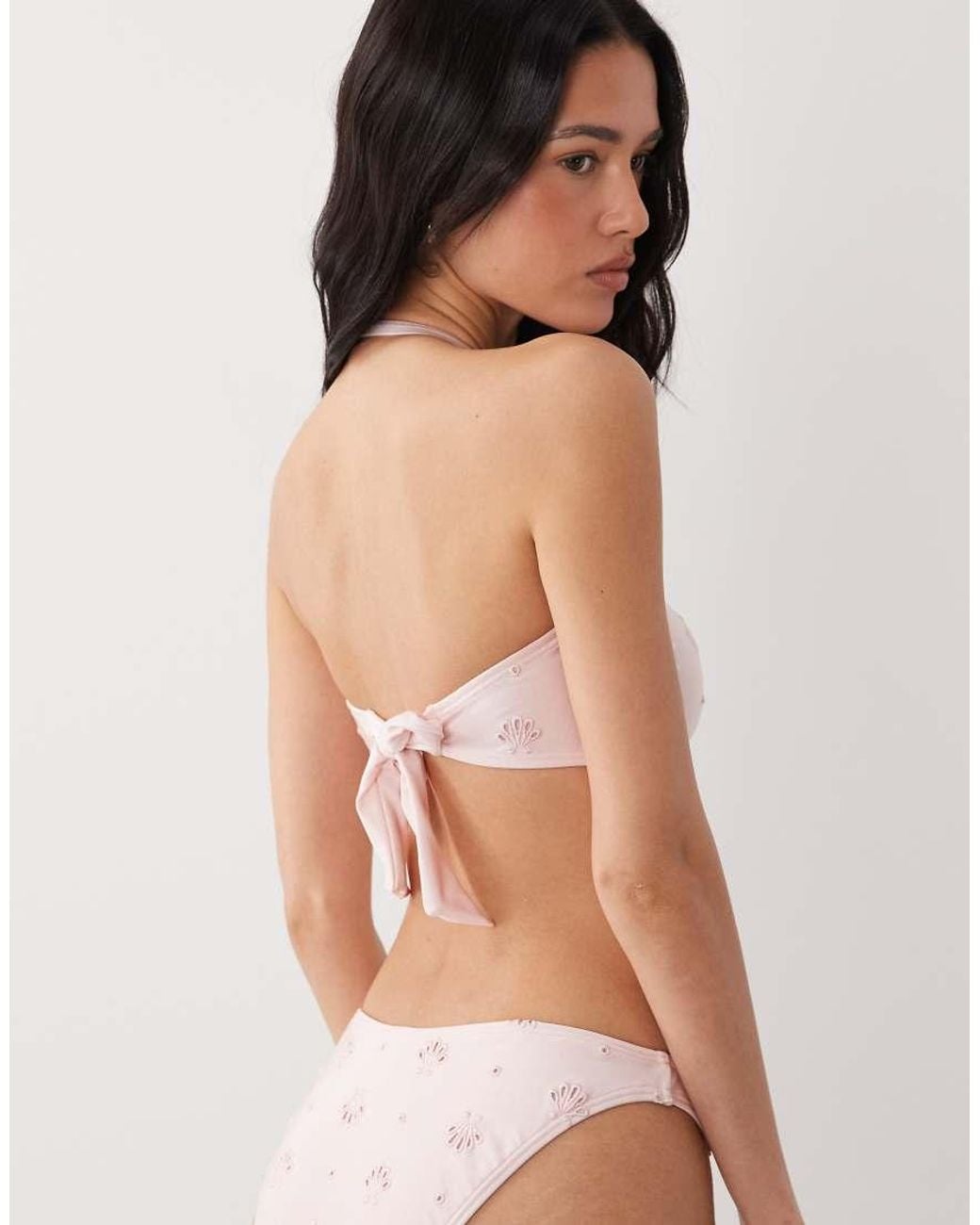 New Look Brown Bandeau Broderie Ring Detail Bikini Top