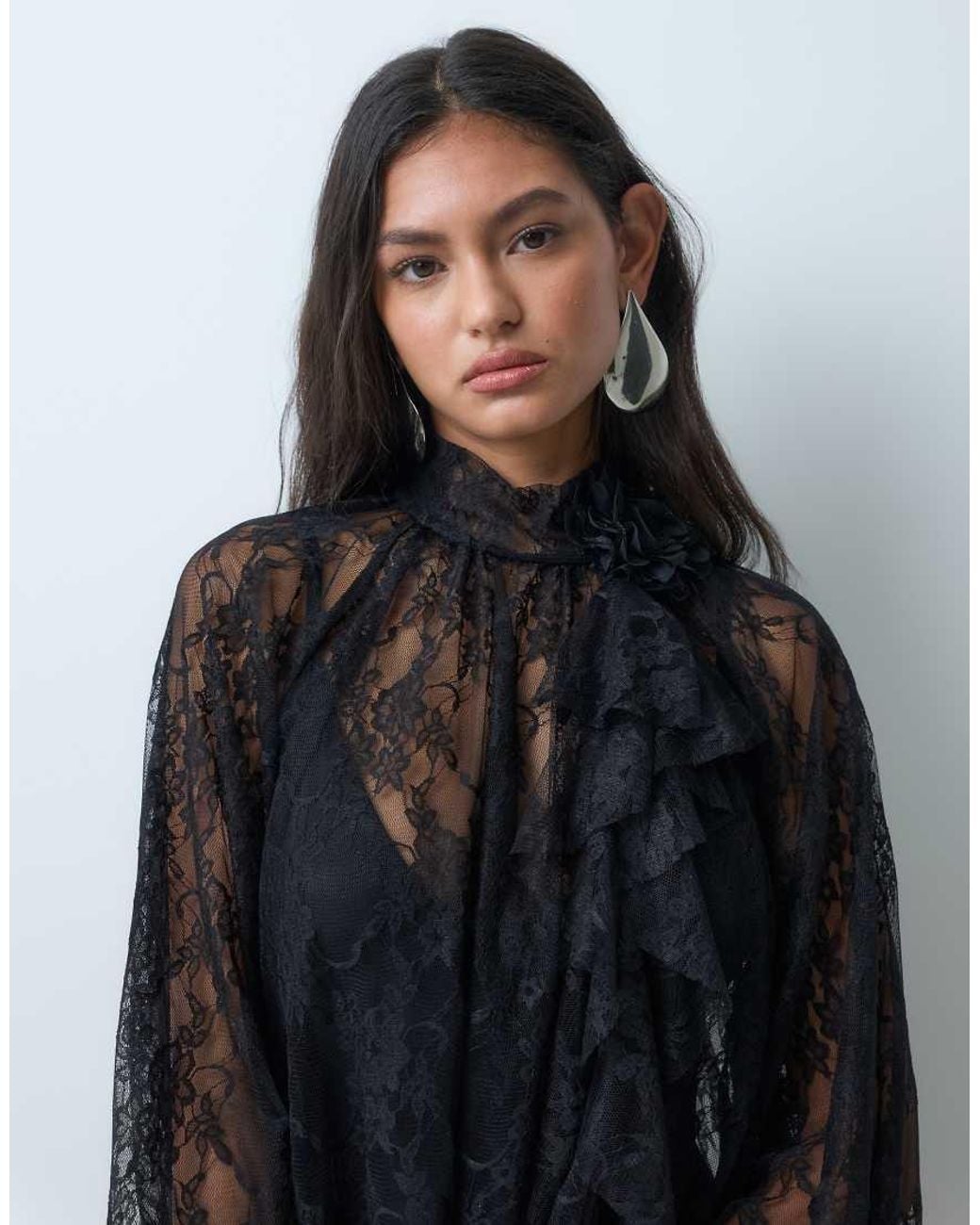 ASOS Blue Lace Dropped Waist Mini Dress With Corsage And Blouson Sleeve Detail