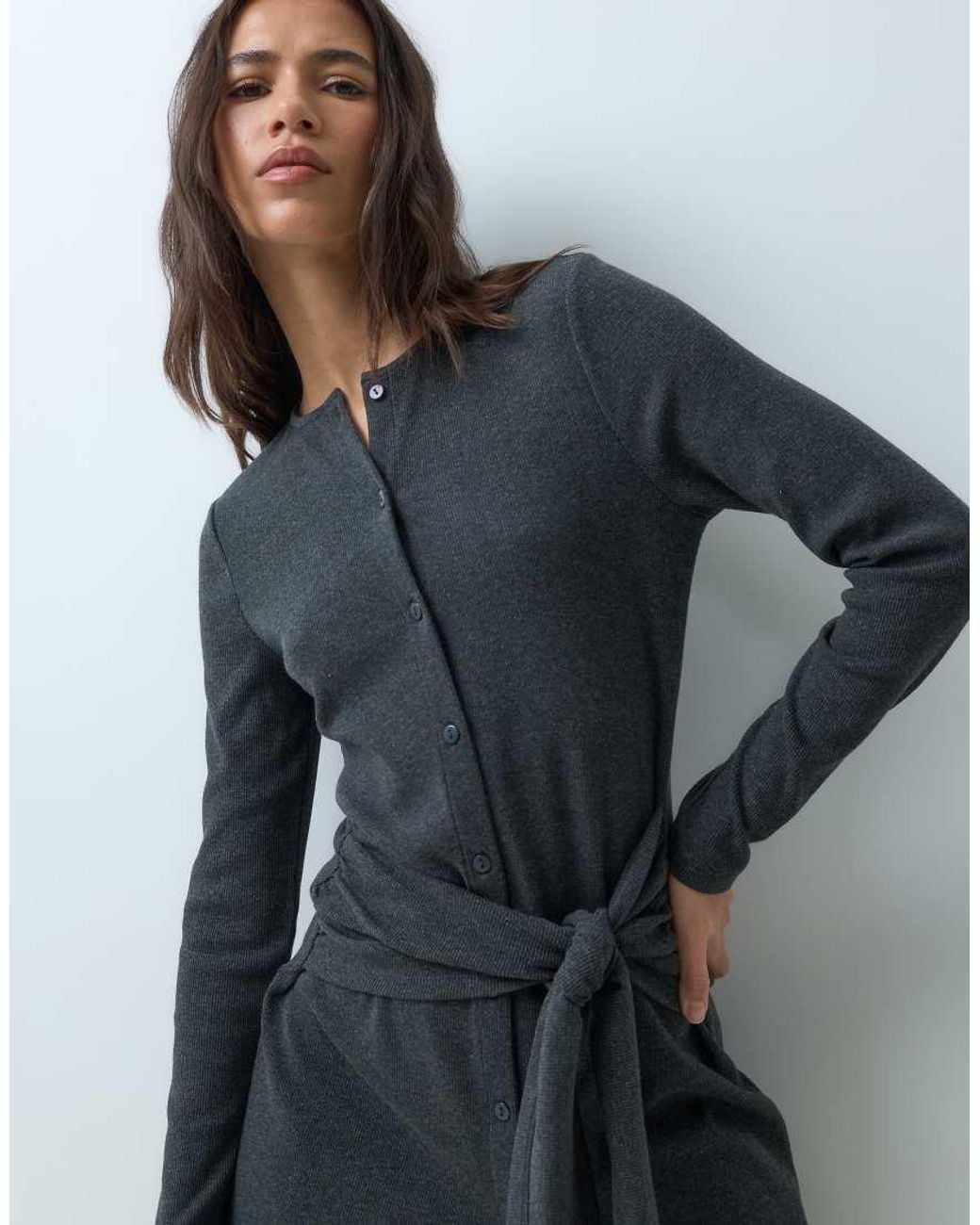 ASOS Gray Knotted Waist Detail Long Sleeve Dress