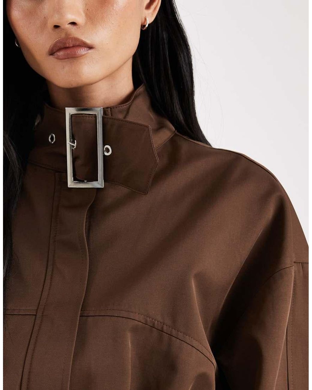 ASOS Brown Funnel Neck Cropped Jacket With Buckle Detail