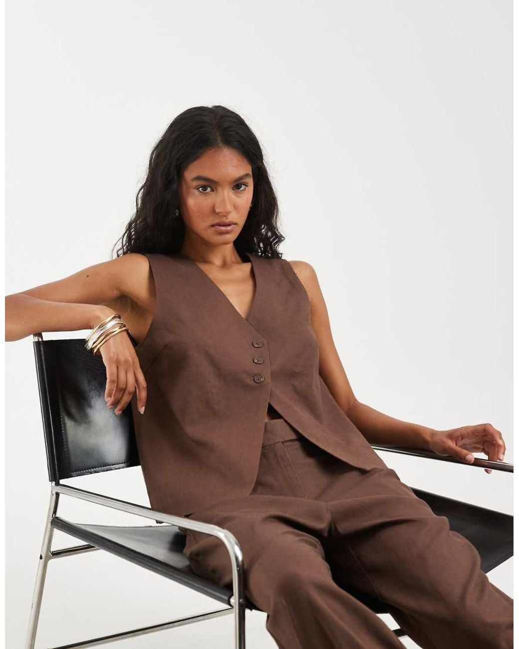 Pieces Brown Asymmetric Linen-touch Tailored Waistcoat Co-ord