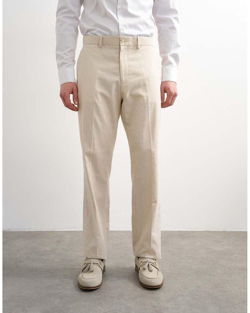 Topman White Straight Fit Linen Rich Trousers for men