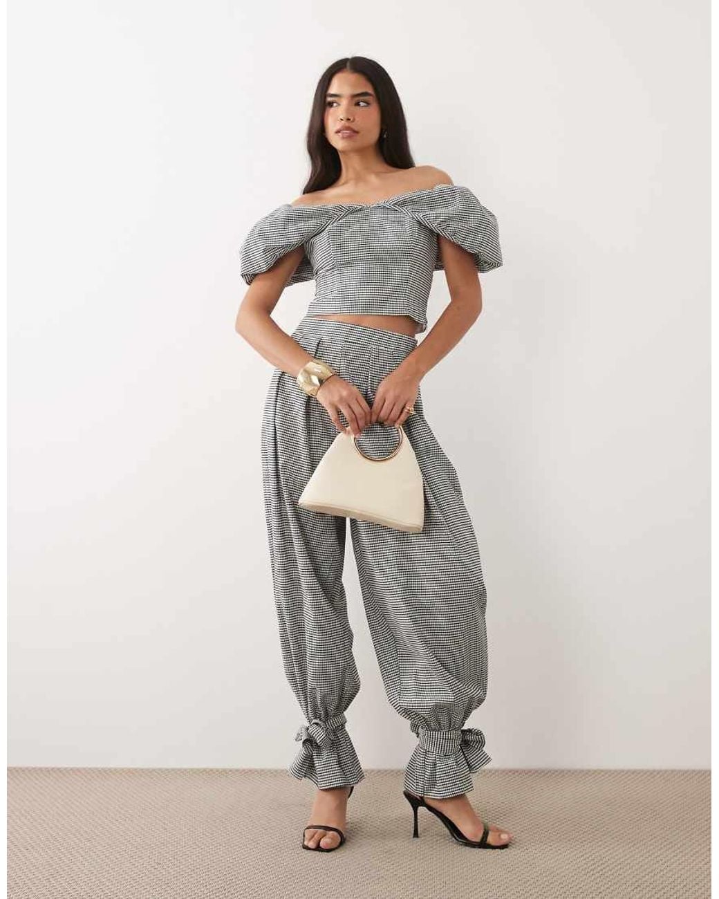 ASOS Gray Co-ord Gingham Off The Shoulder Peplum Top