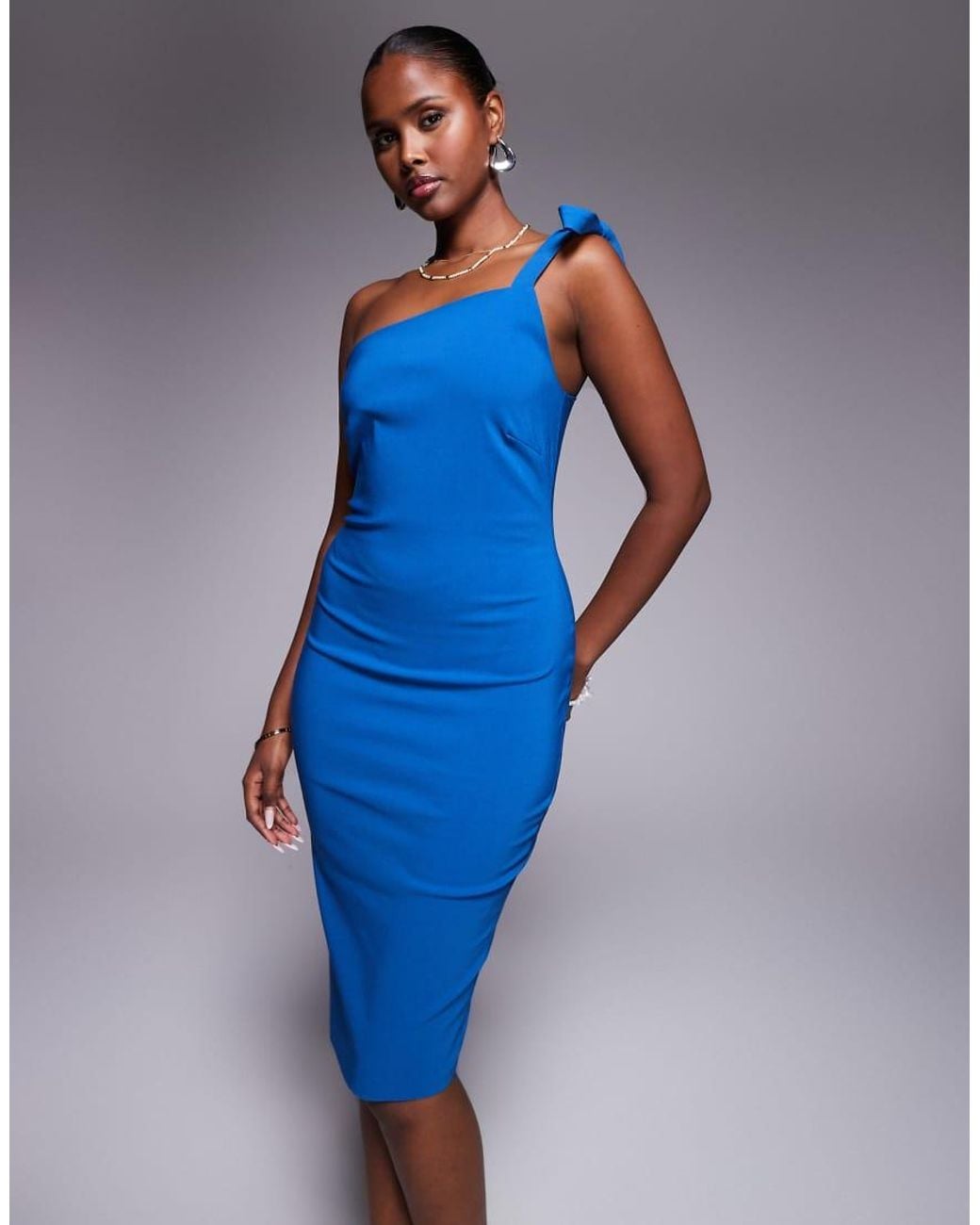 Vesper Blue Bengaline Asymmetric One Shoulder Midi Dress