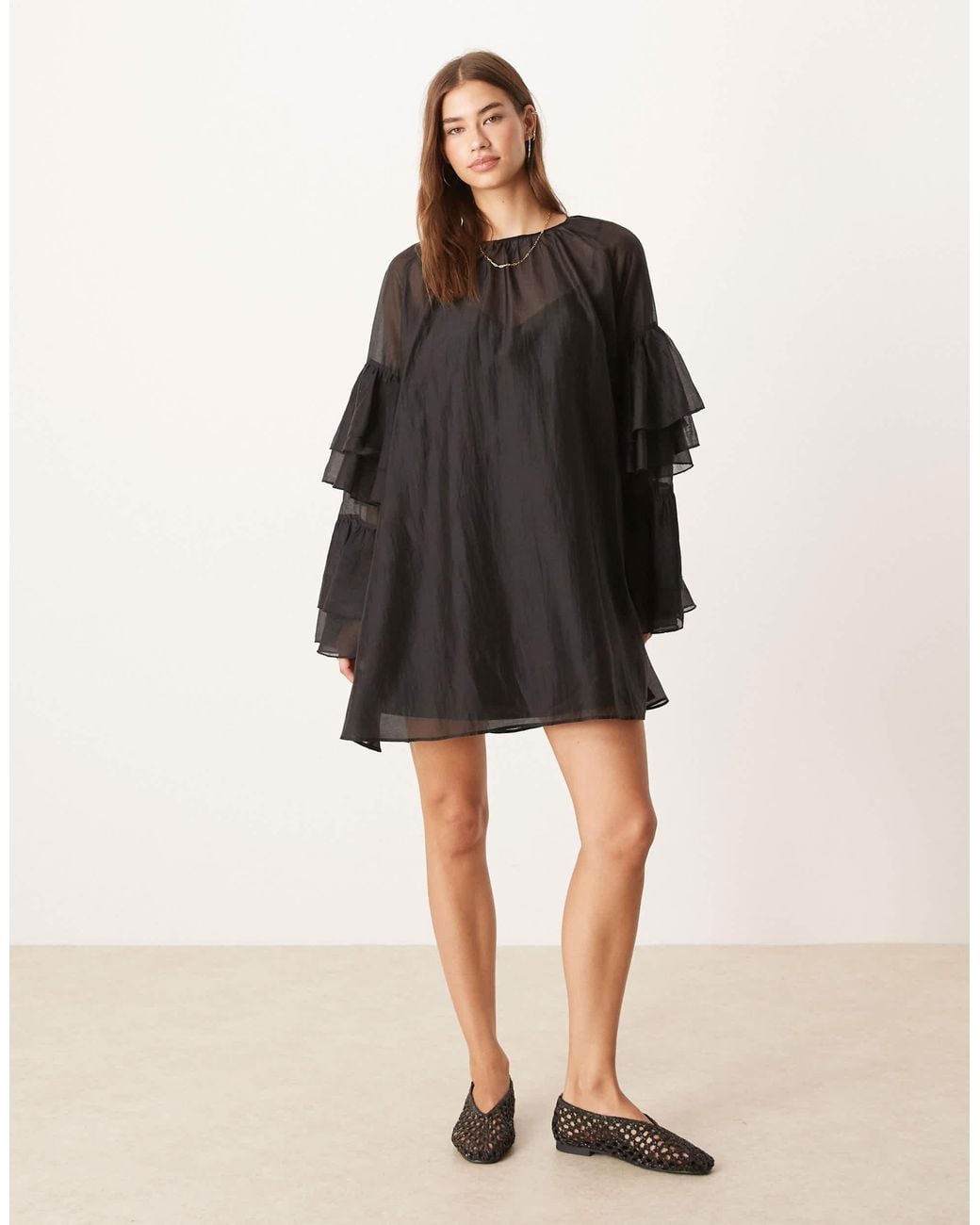 Glamorous Black Boho Ruffle Chiffon Mini Dress