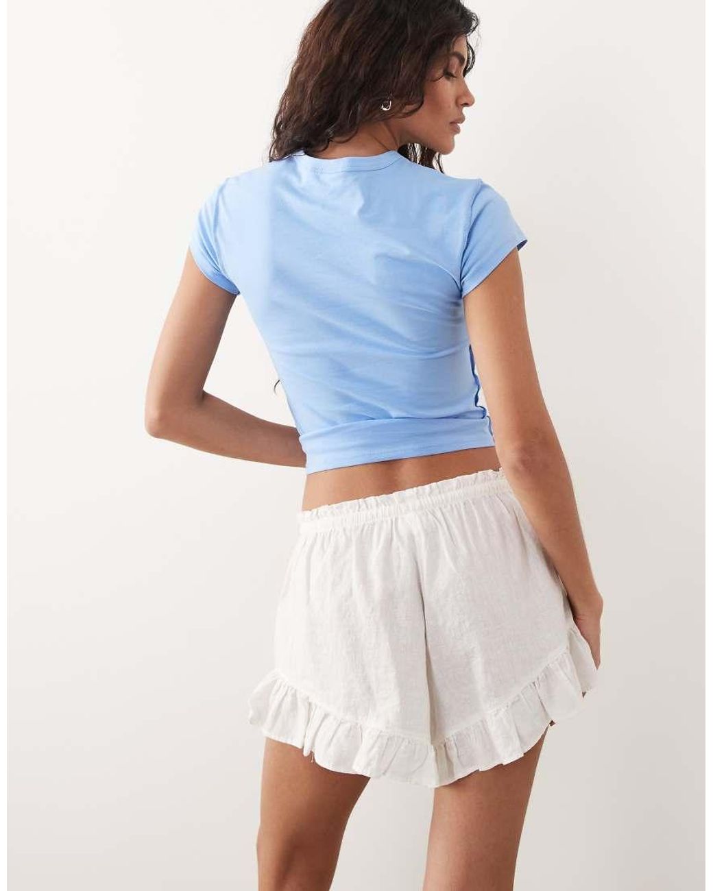 Gina Tricot Blue Pull On Linen Blend Frill Shorts