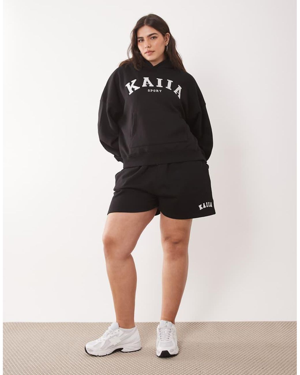 Kaiia Black Plus Cotton Blend Sport Embroidered Logo Oversized Hoodie Co-ord