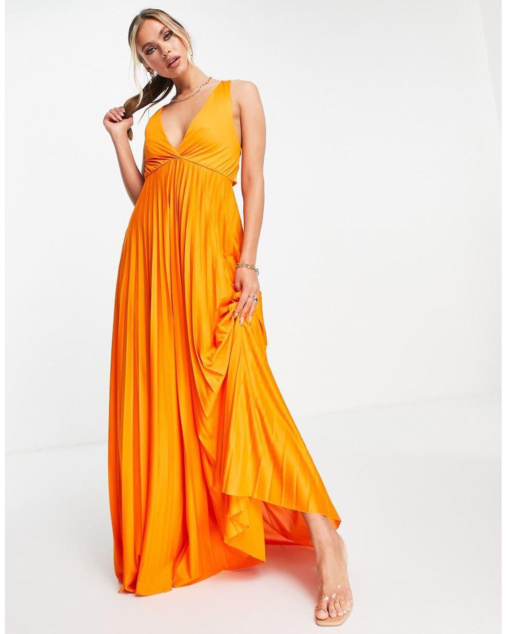 ASOS Orange Plunge Halter Cross Back Self Tie Pleated Maxi Dress