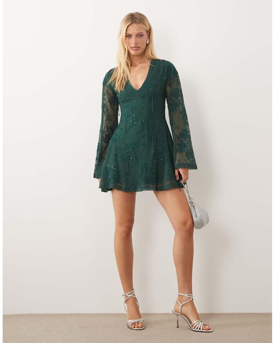 ASOS Green Embellished Crochet Plunge Mini Dress With Long Sleeves