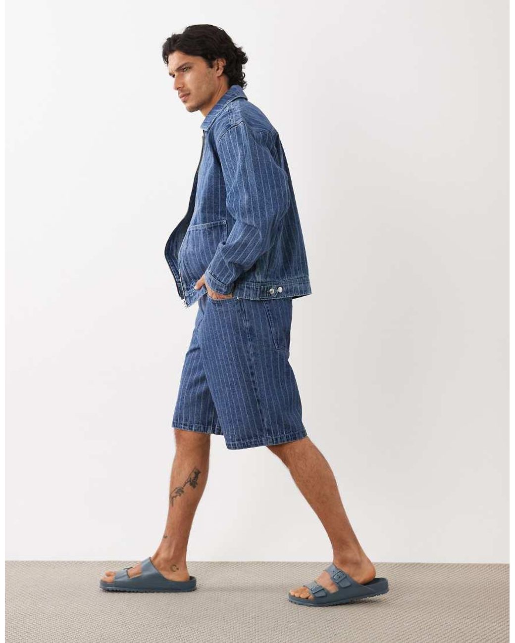 ASOS Blue Co-ord Loose Denim Striped Jorts for men