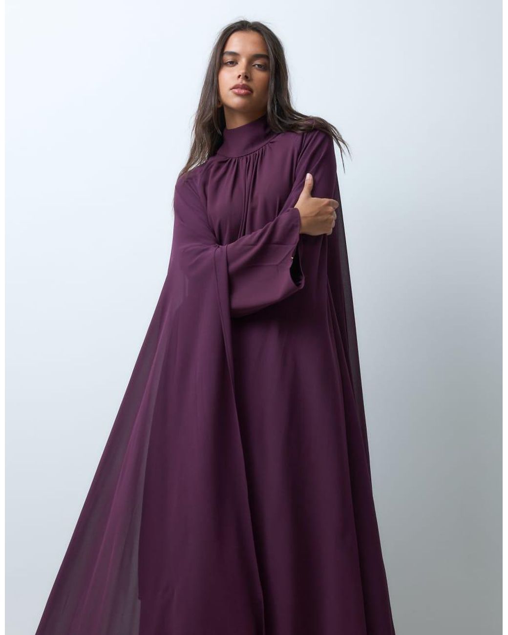 Iyal Purple Chiffon Crepe High Neck Boho Caped Kaftan Maxi Dress