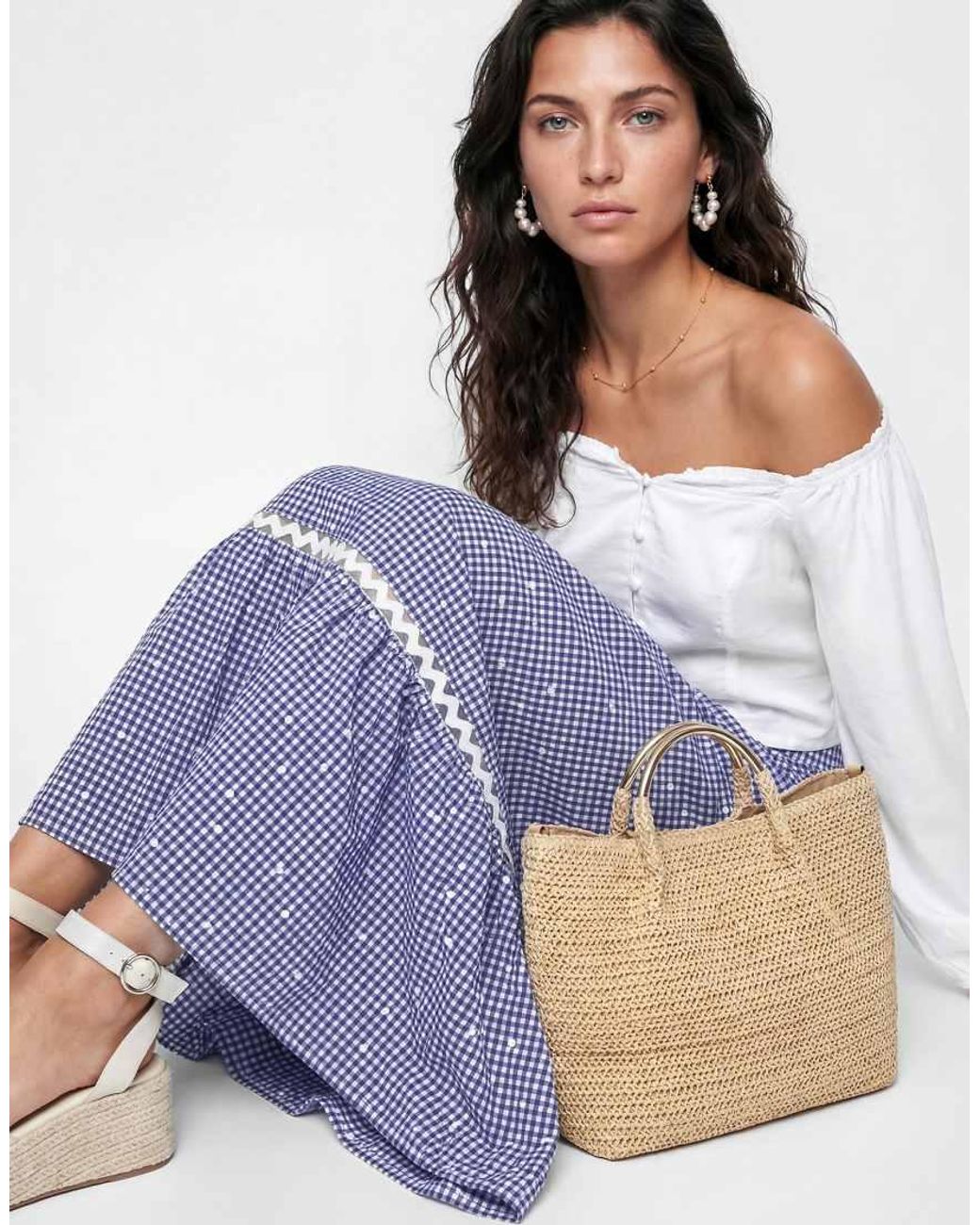 Lovedrobe Blue Gingham & Polka Dot Midi Skirt