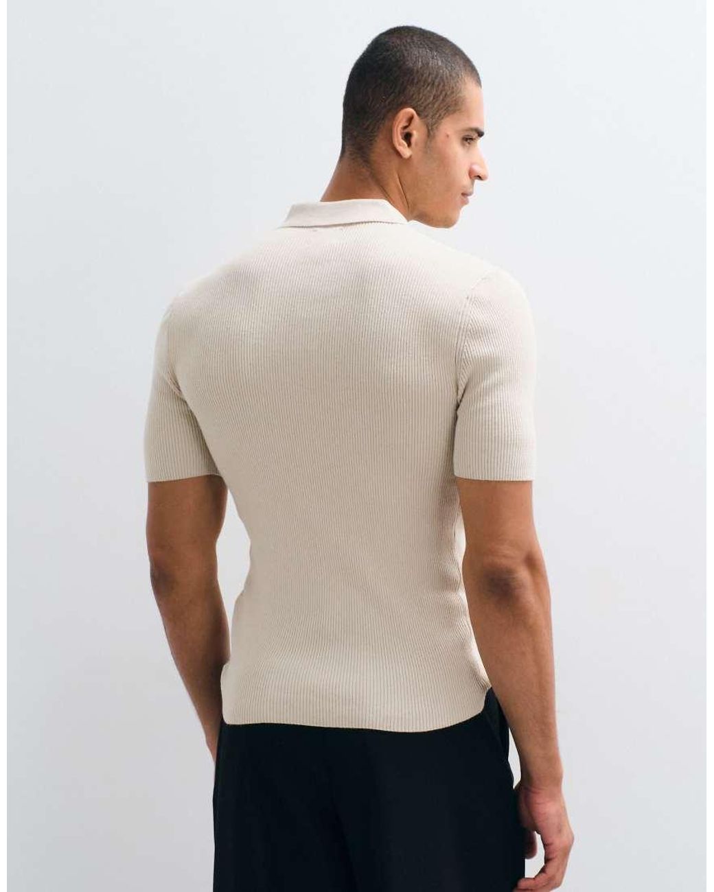 ASOS Natural Essential Muscle-fit Fine-rib Knit Polo for men