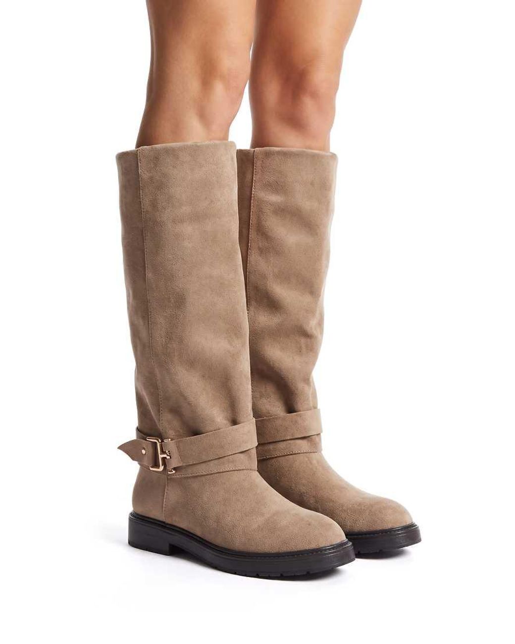 SEQWL Brown Knee High Boots With Low Block Heel And Buckle Ankle Strap