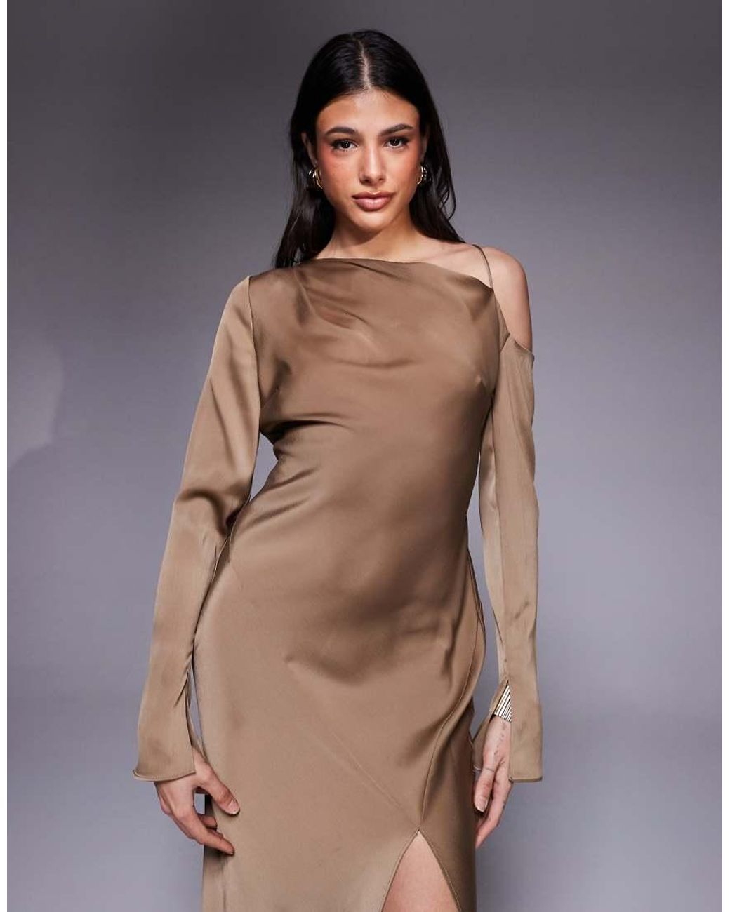 ASOS Brown Asos Design Tall Asymmetric Neckline Tie Back Midi Dress