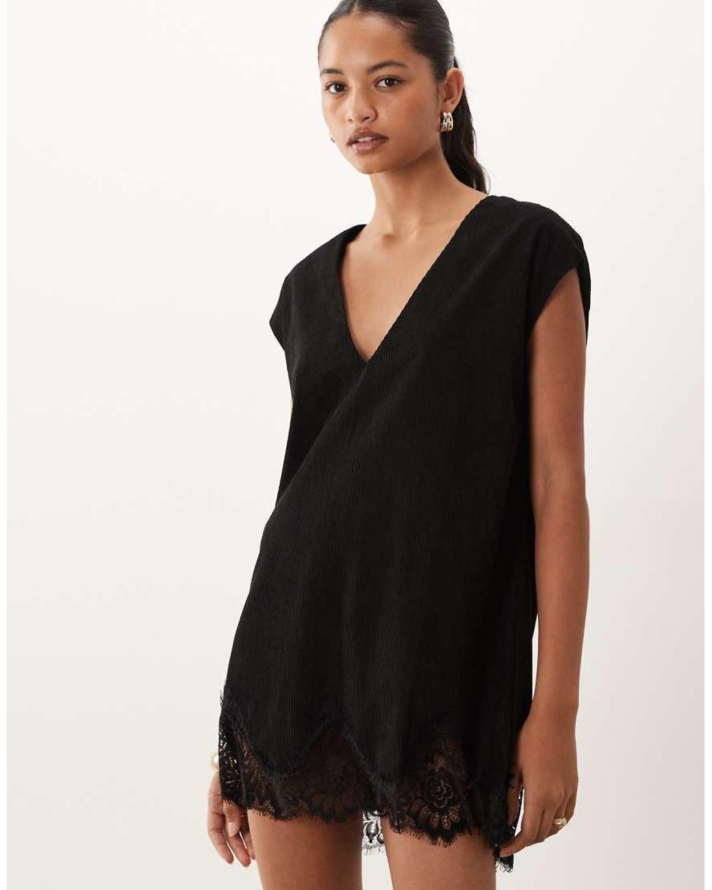 ASOS Black Cord V-neck Lace Trim Mini Shift Dress